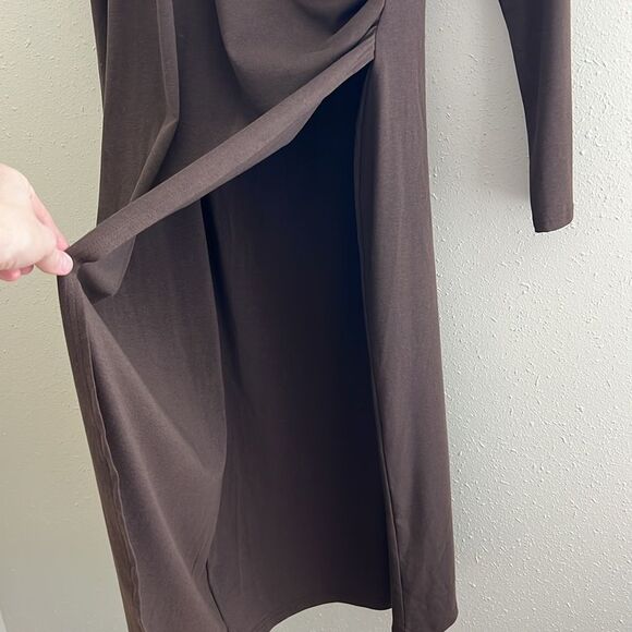 NWT OGL Light Cotton Rib Faux Wrap Light Cotton Midi Dress - Hazelnut Coco - Picture 6 of 10